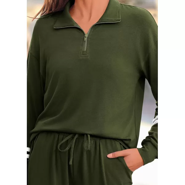 PRETTYGARDEN Womens 2 Piece Outfits Fall Fashion 2024 Striped 14 Zip Pullover Tops Long Sweatpants Tracksuit SetsArmy Green