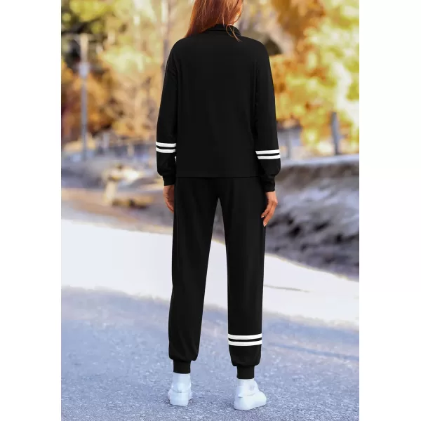 PRETTYGARDEN Womens 2 Piece Outfits Fall Fashion 2024 Striped 14 Zip Pullover Tops Long Sweatpants Tracksuit SetsBlack