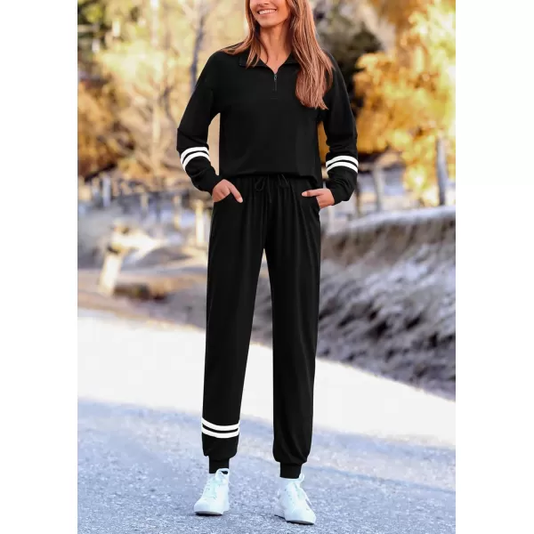 PRETTYGARDEN Womens 2 Piece Outfits Fall Fashion 2024 Striped 14 Zip Pullover Tops Long Sweatpants Tracksuit SetsBlack