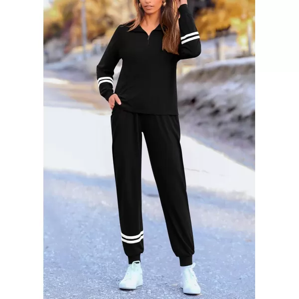 PRETTYGARDEN Womens 2 Piece Outfits Fall Fashion 2024 Striped 14 Zip Pullover Tops Long Sweatpants Tracksuit SetsBlack