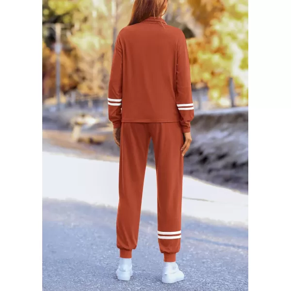 PRETTYGARDEN Womens 2 Piece Outfits Fall Fashion 2024 Striped 14 Zip Pullover Tops Long Sweatpants Tracksuit SetsBrick Red