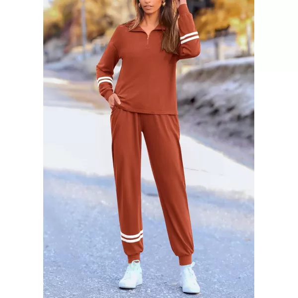 PRETTYGARDEN Womens 2 Piece Outfits Fall Fashion 2024 Striped 14 Zip Pullover Tops Long Sweatpants Tracksuit SetsBrick Red
