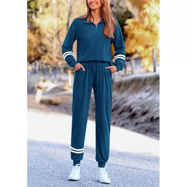 PRETTYGARDEN Womens 2 Piece Outfits Fall Fashion 2024 Striped 14 Zip Pullover Tops Long Sweatpants Tracksuit SetsDark Blue