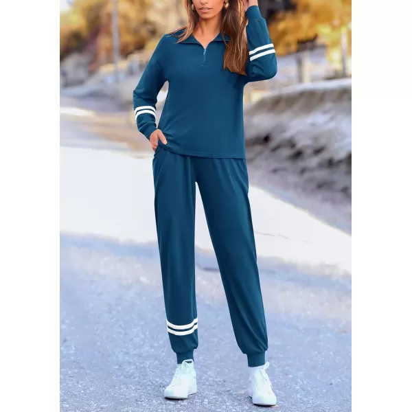 PRETTYGARDEN Womens 2 Piece Outfits Fall Fashion 2024 Striped 14 Zip Pullover Tops Long Sweatpants Tracksuit SetsDark Blue