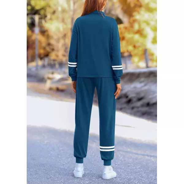 PRETTYGARDEN Womens 2 Piece Outfits Fall Fashion 2024 Striped 14 Zip Pullover Tops Long Sweatpants Tracksuit SetsDark Blue