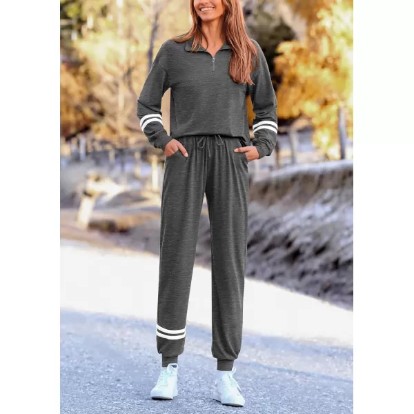 PRETTYGARDEN Womens 2 Piece Outfits Fall Fashion 2024 Striped 14 Zip Pullover Tops Long Sweatpants Tracksuit SetsDark Grey