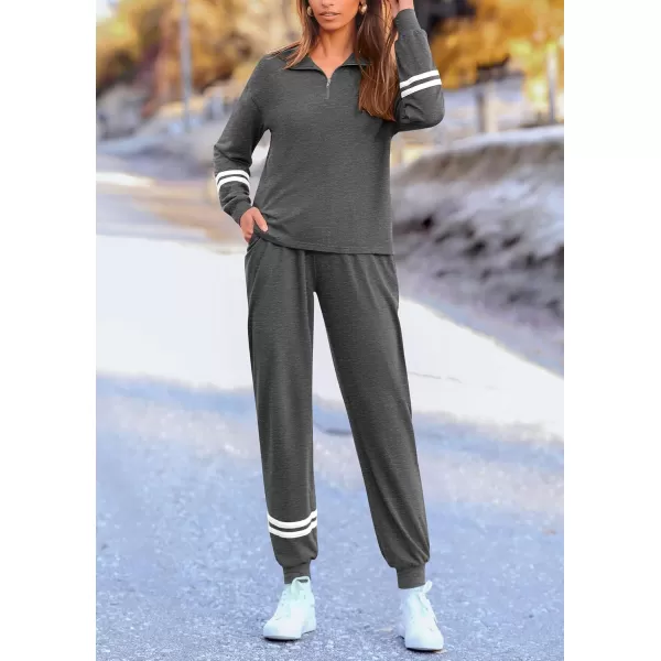 PRETTYGARDEN Womens 2 Piece Outfits Fall Fashion 2024 Striped 14 Zip Pullover Tops Long Sweatpants Tracksuit SetsDark Grey