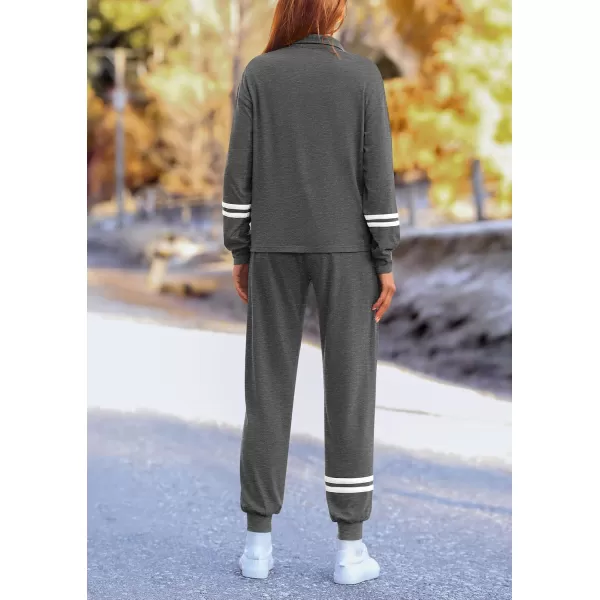 PRETTYGARDEN Womens 2 Piece Outfits Fall Fashion 2024 Striped 14 Zip Pullover Tops Long Sweatpants Tracksuit SetsDark Grey