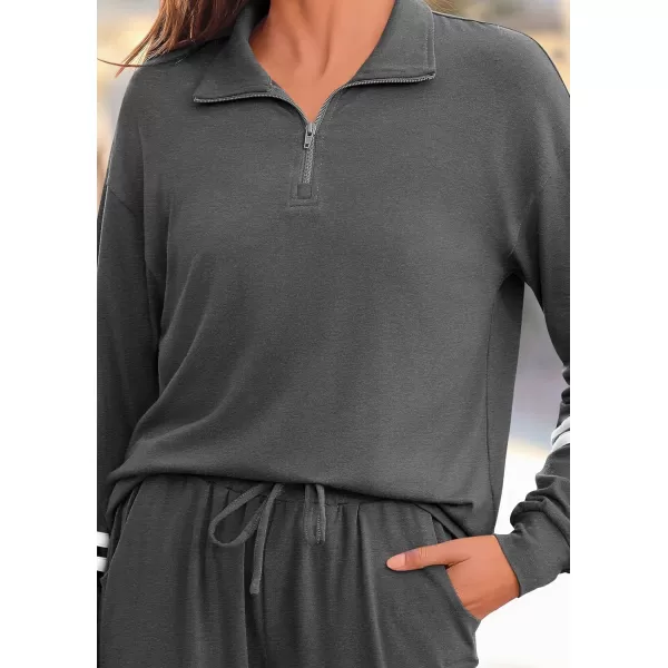 PRETTYGARDEN Womens 2 Piece Outfits Fall Fashion 2024 Striped 14 Zip Pullover Tops Long Sweatpants Tracksuit SetsDark Grey
