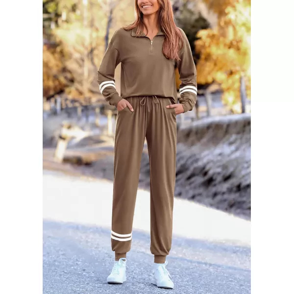 PRETTYGARDEN Womens 2 Piece Outfits Fall Fashion 2024 Striped 14 Zip Pullover Tops Long Sweatpants Tracksuit SetsDark Khaki