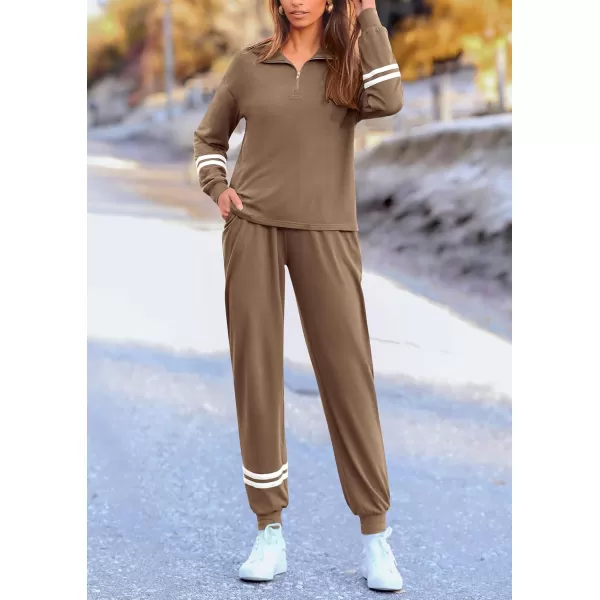PRETTYGARDEN Womens 2 Piece Outfits Fall Fashion 2024 Striped 14 Zip Pullover Tops Long Sweatpants Tracksuit SetsDark Khaki