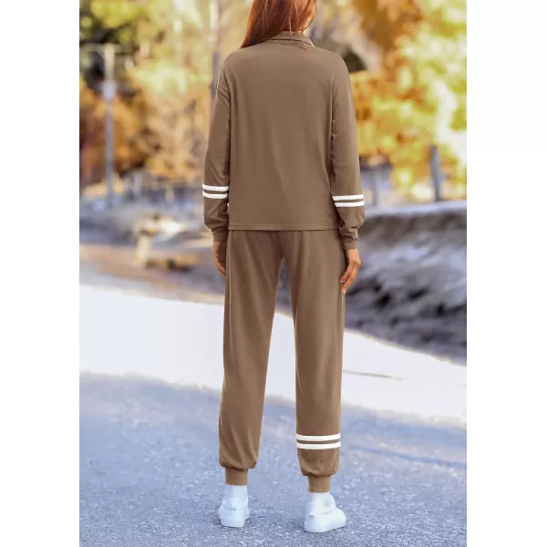 PRETTYGARDEN Womens 2 Piece Outfits Fall Fashion 2024 Striped 14 Zip Pullover Tops Long Sweatpants Tracksuit SetsDark Khaki