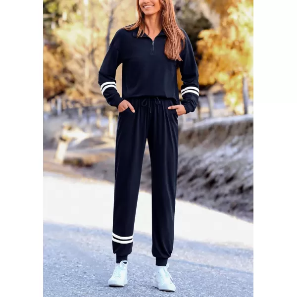 PRETTYGARDEN Womens 2 Piece Outfits Fall Fashion 2024 Striped 14 Zip Pullover Tops Long Sweatpants Tracksuit SetsNavy