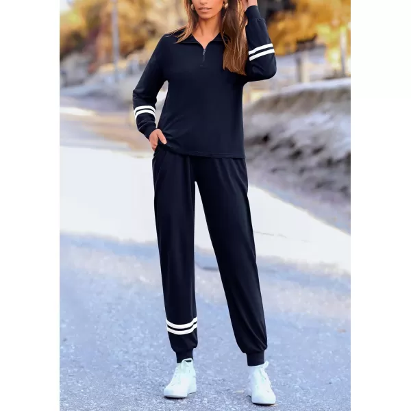 PRETTYGARDEN Womens 2 Piece Outfits Fall Fashion 2024 Striped 14 Zip Pullover Tops Long Sweatpants Tracksuit SetsNavy