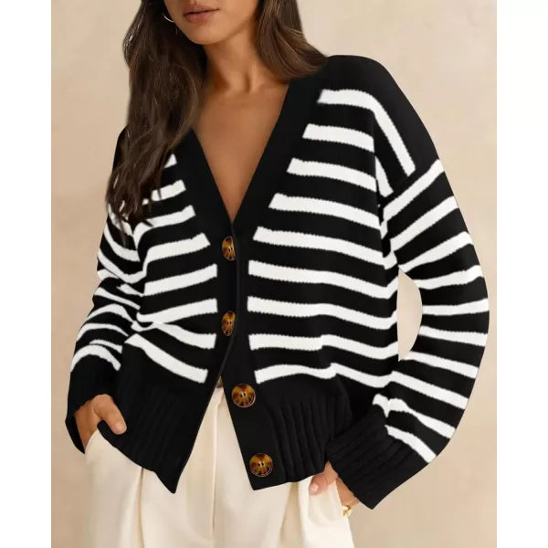 PRETTYGARDEN Womens Long Sleeve Striped Open Front Cardigan Sweaters Button Down Knit Lady Jackets 2024 Fall OutfitsStriped Black White