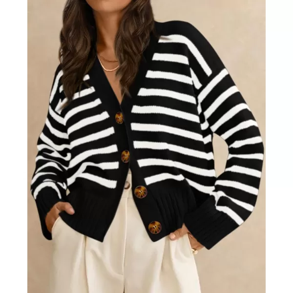PRETTYGARDEN Womens Long Sleeve Striped Open Front Cardigan Sweaters Button Down Knit Lady Jackets 2024 Fall OutfitsStriped Black White