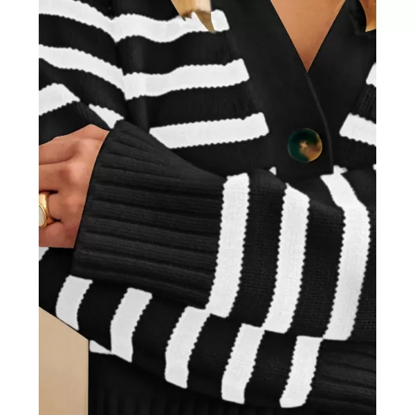 PRETTYGARDEN Womens Long Sleeve Striped Open Front Cardigan Sweaters Button Down Knit Lady Jackets 2024 Fall OutfitsStriped Black White