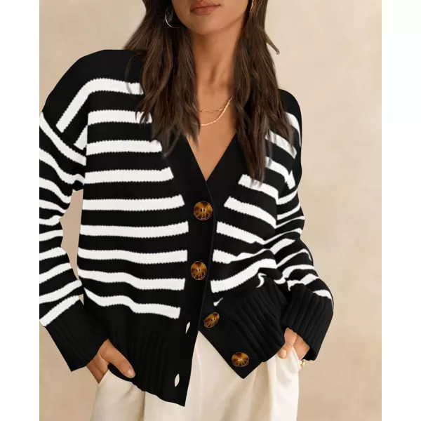 PRETTYGARDEN Womens Long Sleeve Striped Open Front Cardigan Sweaters Button Down Knit Lady Jackets 2024 Fall OutfitsStriped Black White