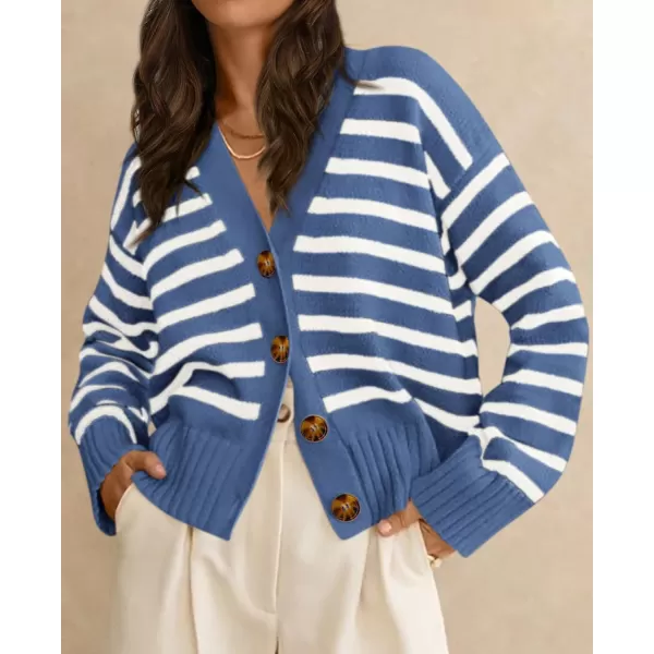 PRETTYGARDEN Womens Long Sleeve Striped Open Front Cardigan Sweaters Button Down Knit Lady Jackets 2024 Fall OutfitsStriped Blue White