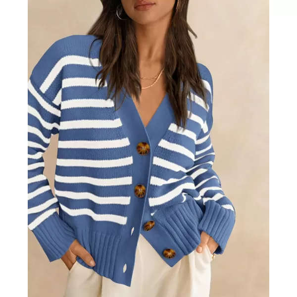 PRETTYGARDEN Womens Long Sleeve Striped Open Front Cardigan Sweaters Button Down Knit Lady Jackets 2024 Fall OutfitsStriped Blue White