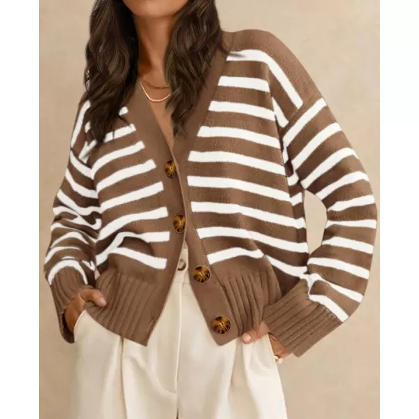 PRETTYGARDEN Womens Long Sleeve Striped Open Front Cardigan Sweaters Button Down Knit Lady Jackets 2024 Fall OutfitsStriped Coffee White