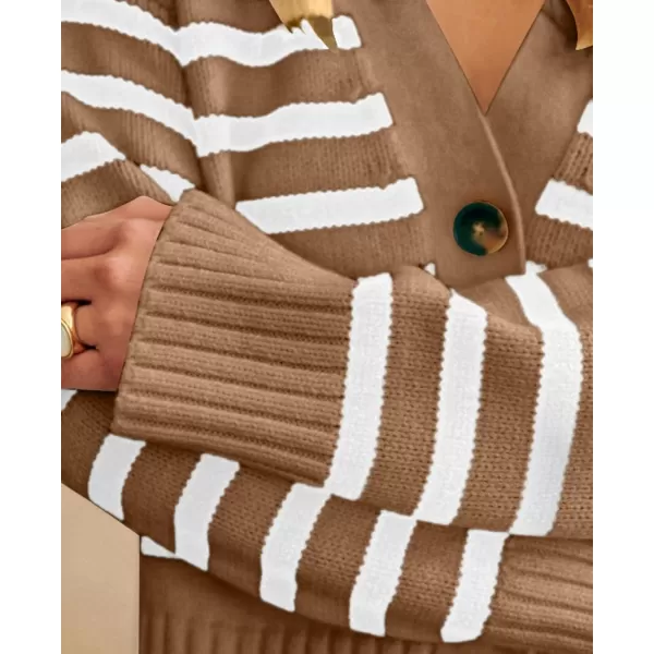 PRETTYGARDEN Womens Long Sleeve Striped Open Front Cardigan Sweaters Button Down Knit Lady Jackets 2024 Fall OutfitsStriped Coffee White