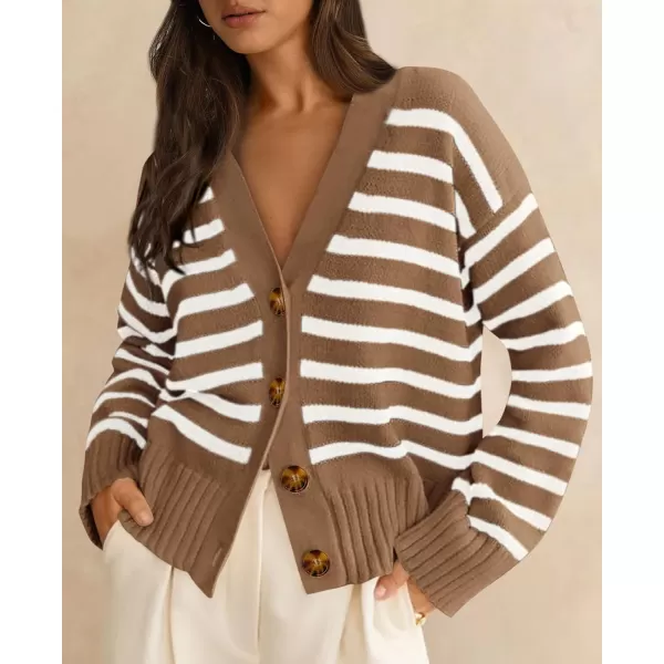 PRETTYGARDEN Womens Long Sleeve Striped Open Front Cardigan Sweaters Button Down Knit Lady Jackets 2024 Fall OutfitsStriped Coffee White