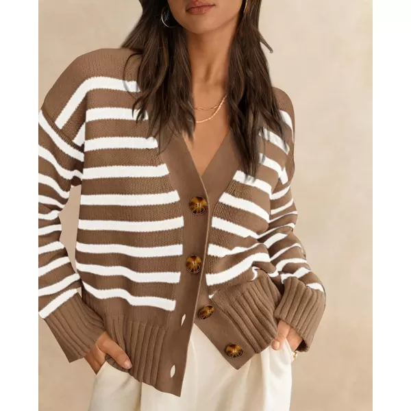 PRETTYGARDEN Womens Long Sleeve Striped Open Front Cardigan Sweaters Button Down Knit Lady Jackets 2024 Fall OutfitsStriped Coffee White