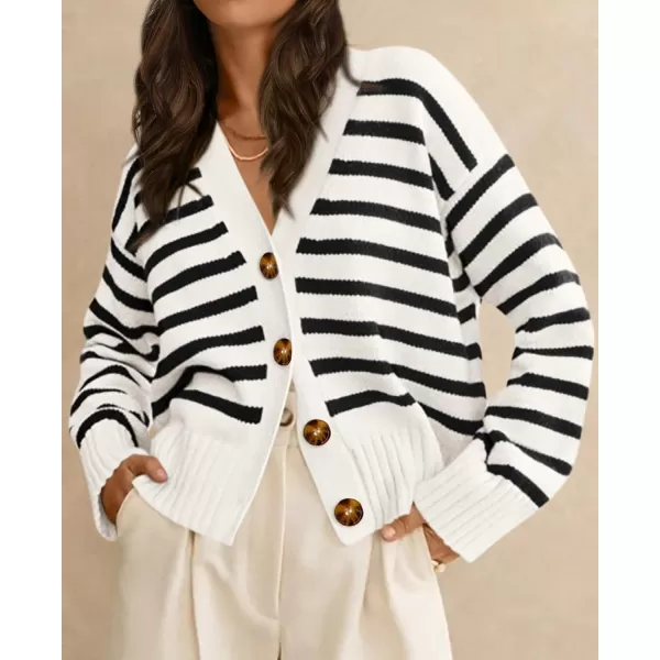 PRETTYGARDEN Womens Long Sleeve Striped Open Front Cardigan Sweaters Button Down Knit Lady Jackets 2024 Fall OutfitsStriped White Black