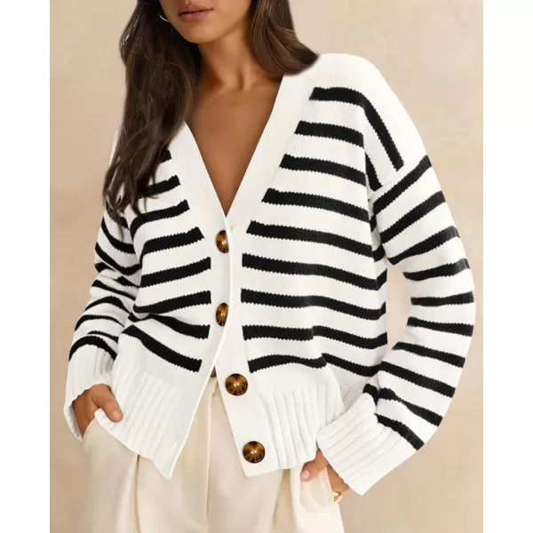 PRETTYGARDEN Womens Long Sleeve Striped Open Front Cardigan Sweaters Button Down Knit Lady Jackets 2024 Fall OutfitsStriped White Black