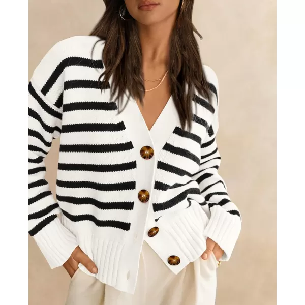 PRETTYGARDEN Womens Long Sleeve Striped Open Front Cardigan Sweaters Button Down Knit Lady Jackets 2024 Fall OutfitsStriped White Black