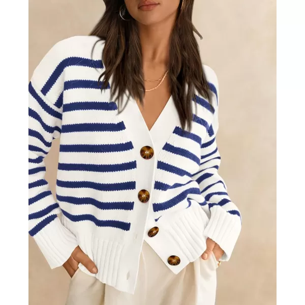 PRETTYGARDEN Womens Long Sleeve Striped Open Front Cardigan Sweaters Button Down Knit Lady Jackets 2024 Fall OutfitsStriped White Dark Blue