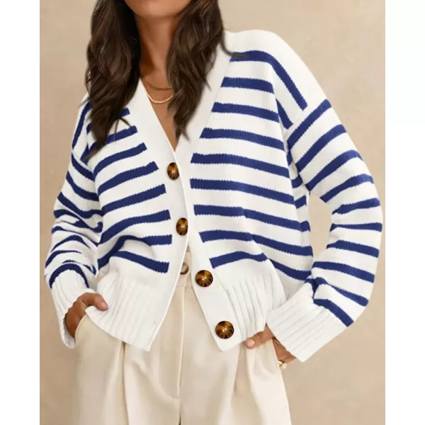 PRETTYGARDEN Womens Long Sleeve Striped Open Front Cardigan Sweaters Button Down Knit Lady Jackets 2024 Fall OutfitsStriped White Dark Blue