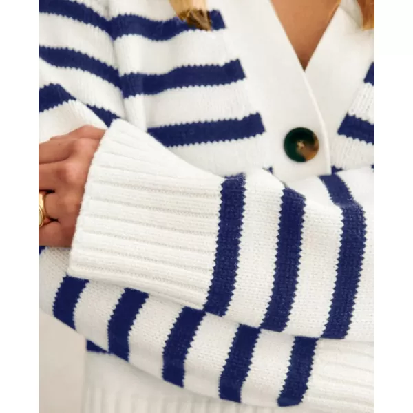 PRETTYGARDEN Womens Long Sleeve Striped Open Front Cardigan Sweaters Button Down Knit Lady Jackets 2024 Fall OutfitsStriped White Dark Blue