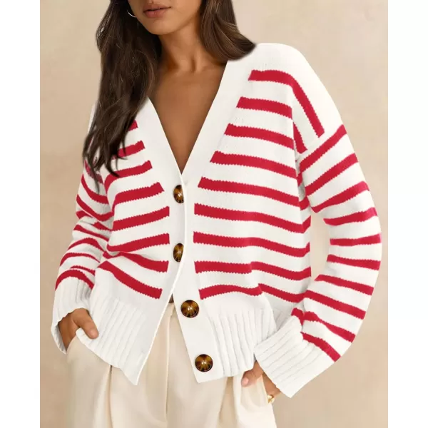 PRETTYGARDEN Womens Long Sleeve Striped Open Front Cardigan Sweaters Button Down Knit Lady Jackets 2024 Fall OutfitsStriped White Red