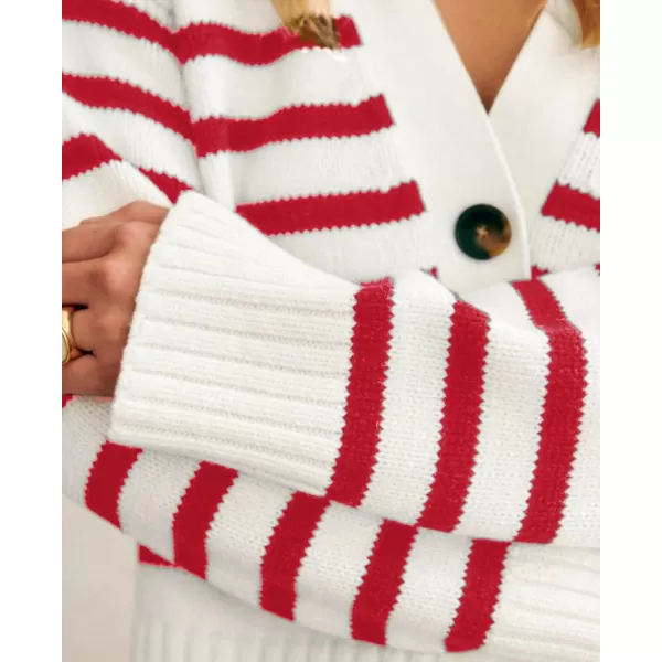 PRETTYGARDEN Womens Long Sleeve Striped Open Front Cardigan Sweaters Button Down Knit Lady Jackets 2024 Fall OutfitsStriped White Red