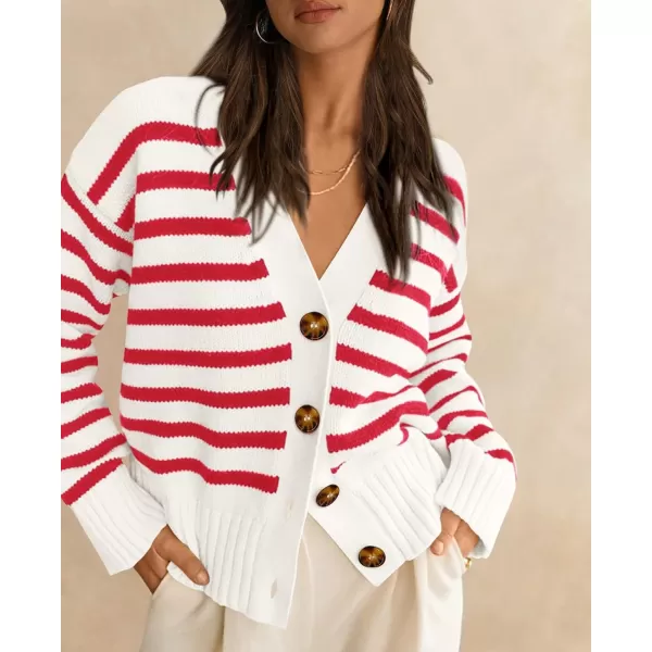 PRETTYGARDEN Womens Long Sleeve Striped Open Front Cardigan Sweaters Button Down Knit Lady Jackets 2024 Fall OutfitsStriped White Red
