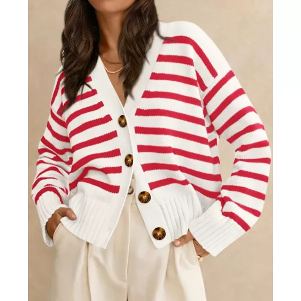 PRETTYGARDEN Womens Long Sleeve Striped Open Front Cardigan Sweaters Button Down Knit Lady Jackets 2024 Fall OutfitsStriped White Red