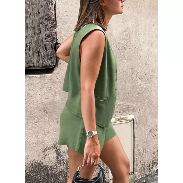 PRETTYGARDEN Womens Summer 2 Piece Outfits Sleeveless Matching Sets Button Down V Neck Vest Waistcoat and Pockets ShortsArmy Green