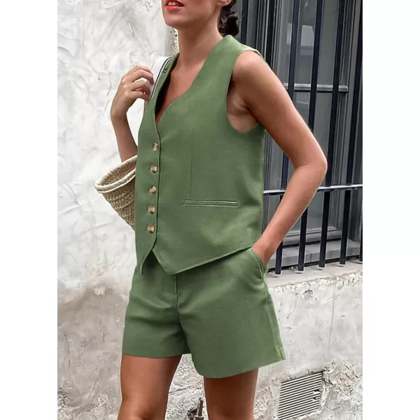 PRETTYGARDEN Womens Summer 2 Piece Outfits Sleeveless Matching Sets Button Down V Neck Vest Waistcoat and Pockets ShortsArmy Green