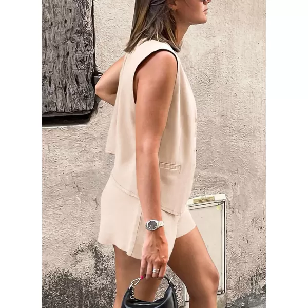PRETTYGARDEN Womens Summer 2 Piece Outfits Sleeveless Matching Sets Button Down V Neck Vest Waistcoat and Pockets ShortsBeige