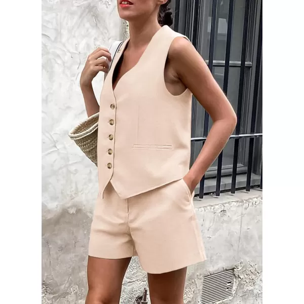 PRETTYGARDEN Womens Summer 2 Piece Outfits Sleeveless Matching Sets Button Down V Neck Vest Waistcoat and Pockets ShortsBeige