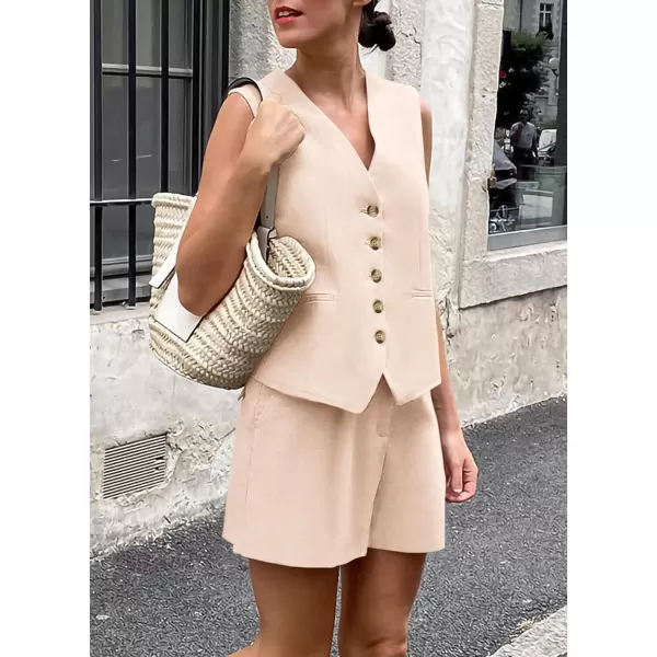 PRETTYGARDEN Womens Summer 2 Piece Outfits Sleeveless Matching Sets Button Down V Neck Vest Waistcoat and Pockets ShortsBeige