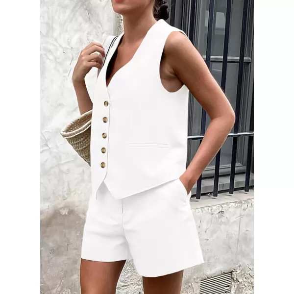 PRETTYGARDEN Womens Summer 2 Piece Outfits Sleeveless Matching Sets Button Down V Neck Vest Waistcoat and Pockets ShortsBeige White