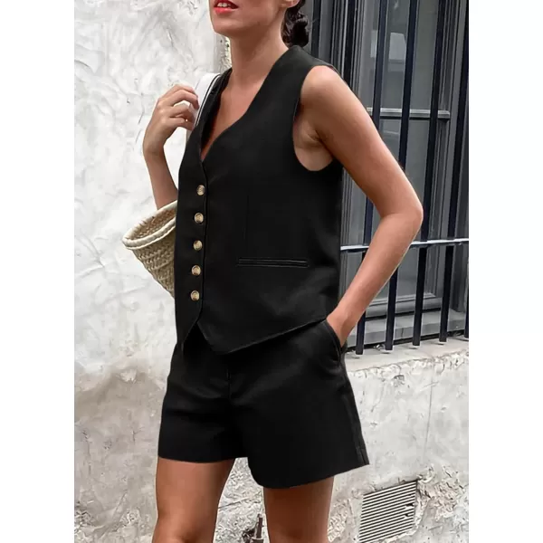 PRETTYGARDEN Womens Summer 2 Piece Outfits Sleeveless Matching Sets Button Down V Neck Vest Waistcoat and Pockets ShortsBlack