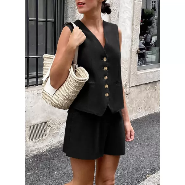 PRETTYGARDEN Womens Summer 2 Piece Outfits Sleeveless Matching Sets Button Down V Neck Vest Waistcoat and Pockets ShortsBlack