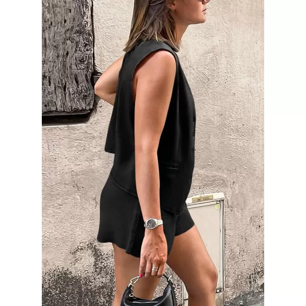 PRETTYGARDEN Womens Summer 2 Piece Outfits Sleeveless Matching Sets Button Down V Neck Vest Waistcoat and Pockets ShortsBlack