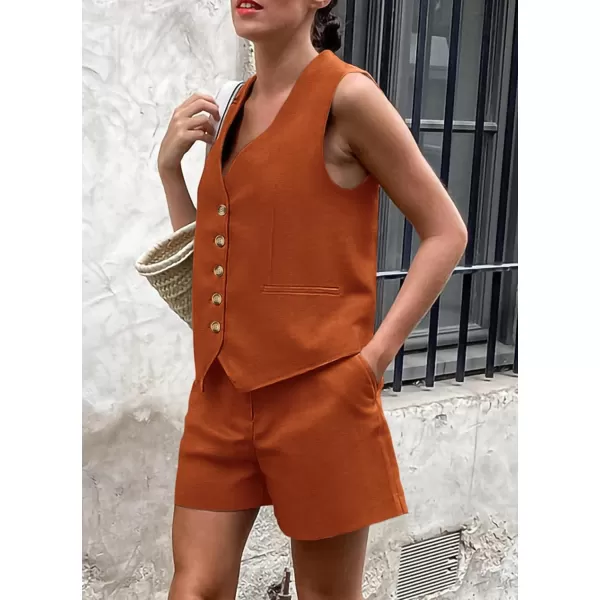 PRETTYGARDEN Womens Summer 2 Piece Outfits Sleeveless Matching Sets Button Down V Neck Vest Waistcoat and Pockets ShortsBrick Red