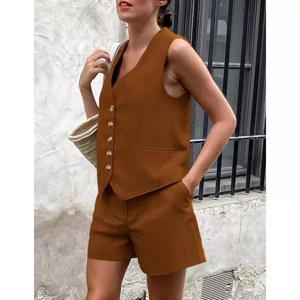 PRETTYGARDEN Womens Summer 2 Piece Outfits Sleeveless Matching Sets Button Down V Neck Vest Waistcoat and Pockets ShortsBrown