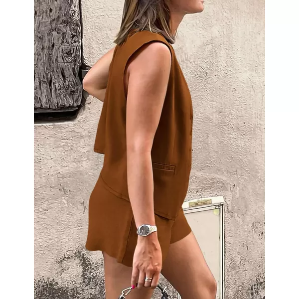PRETTYGARDEN Womens Summer 2 Piece Outfits Sleeveless Matching Sets Button Down V Neck Vest Waistcoat and Pockets ShortsBrown